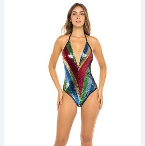 San Joy Women's Rainbow Multi-Color Sequin Carnival Festival Body Suit Small